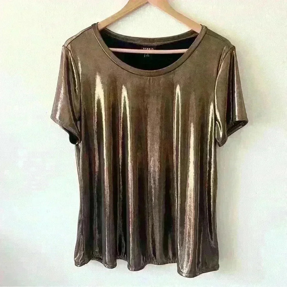 Torrid Sz 0 Large Brown Metallic Brown Stretch Short Sleeve Shirt - Picture 1 of 7